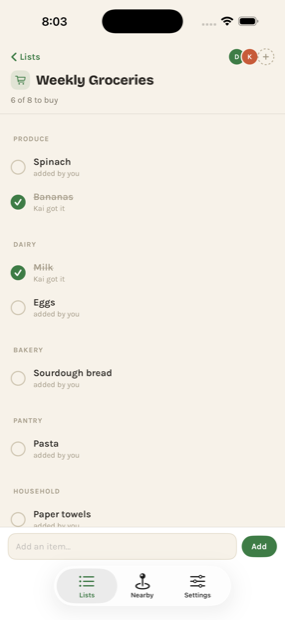 A shared grocery list, categorized into sections, with two household members' avatars