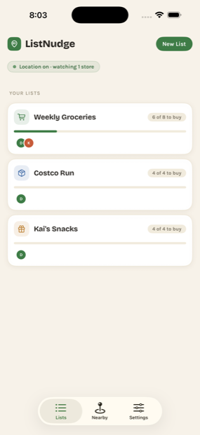 ListNudge's Lists screen, showing shared and personal grocery lists