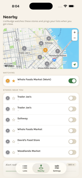 The Nearby tab, showing a map and a list of watched and nearby stores